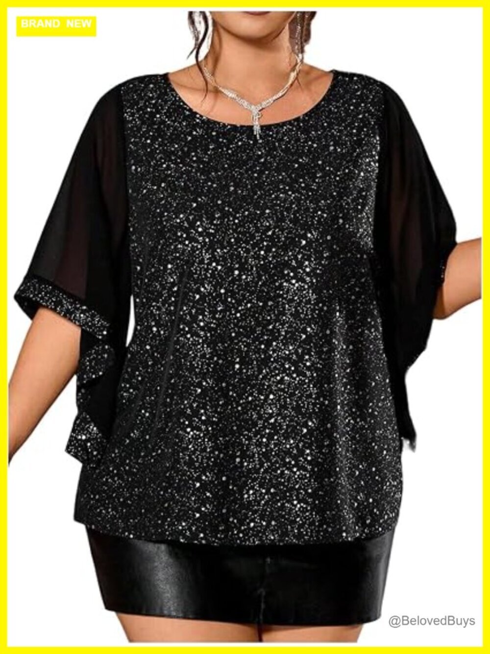 Plus Size Sparkly Bell 3/4 Sleeve Top Contrast Mesh Night Out Party Top